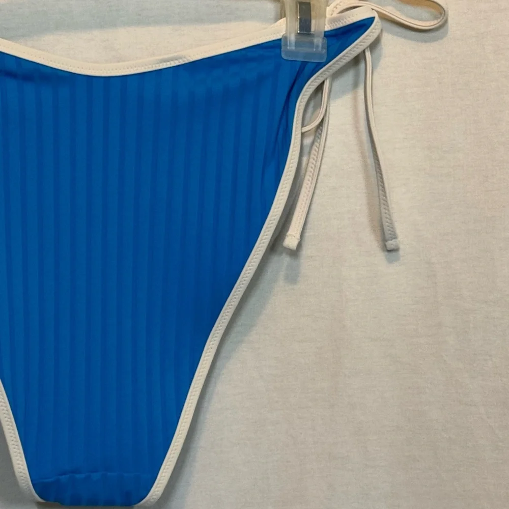 AA-505 Aerie NWT Cheekiest Side Tie Ribbed Blue & White‎ Swim Bikini Bottoms